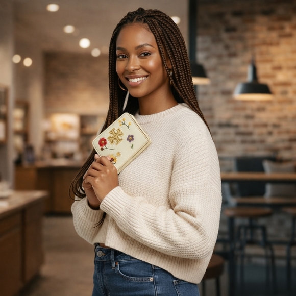 Tory Burch Britten Floral Embroidered Wallet Ivory Boho Pebbled Leather - Picture 8 of 17
